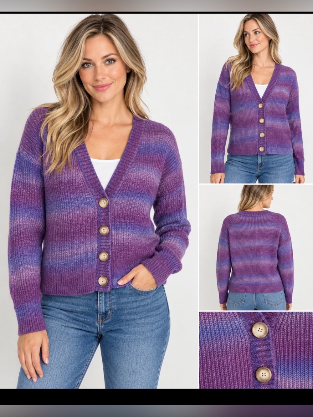LOFT Purple Blue Striped Button Front Cardigan Sweater M